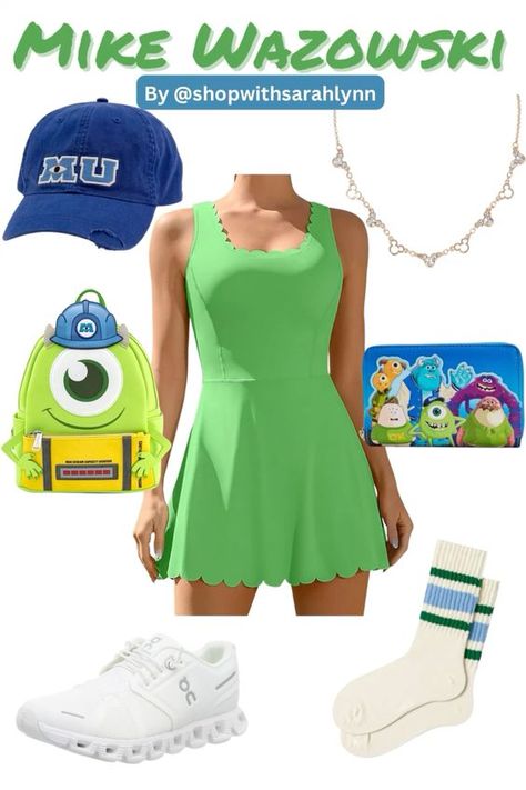 Disney bound outfit inspired by Mike Wazowski from Monsters Inc & Monsters University 💚#disney #disneybound #disneybounding #fashion #monstersuniversity #disneyland #disneyworld #ootd #mikewazowski  #monstersinc #disneyparks Mike And Sully Disneybound, Mike Wazowski Disneybound, Sully Disneybound, Monsters Inc Disneybound, Pixar Disneybound, Disneyland Essentials, Disney Comebacks, Disney Bounding Outfits, Disney Vacation Outfits