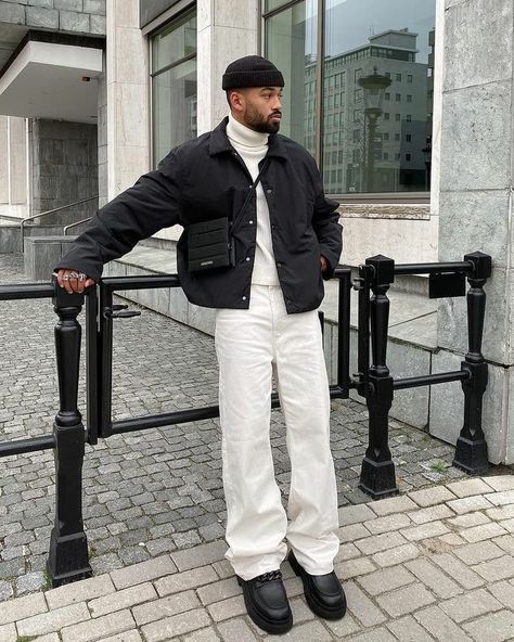 Nyc Mens Street Style Winter, Chunky Boots Outfit Men, Chunky Loafers Outfit Men, Men Boots Outfit Street Styles, Loafers Streetwear, Turtleneck Outfit Men, Winter Outfits Men Streetwear, Outfits Men Streetwear, Turtleneck Outfit