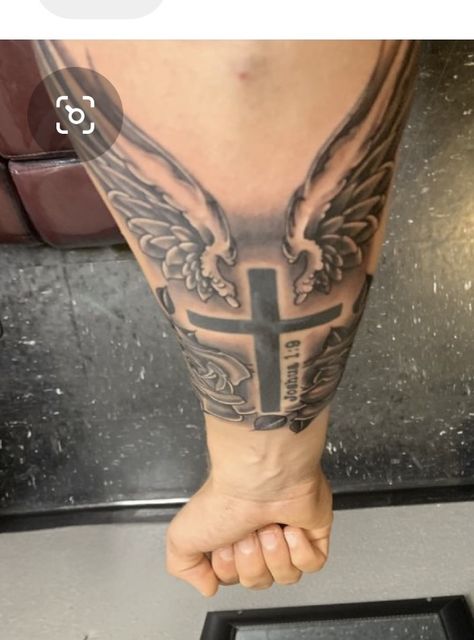 Medium Arm Tattoo Men, God Tattoos For Men Arm, Biblical Forearm Tattoos For Men, Religous Tattoo Forearm, God Forearm Tattoo Men, Cross Rib Tattoo Men, Big Shoulder Tattoo Men, Sleeve Tattoos For Guys Christian, Weather The Storm Tattoo Men