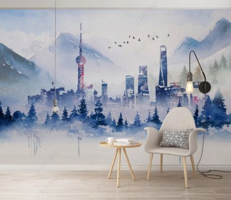 Watercolor City, Wallpaper Project, Wall Kitchen, Building Art, Playroom Wall, Wallpaper Modern, City Wallpaper, High Altitude, Snowy Mountains