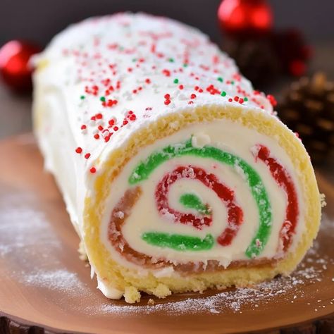 Christmas vanilla roll cake Holiday Cake Roll Recipes, Cake Mix Jelly Roll Recipe, Christmas Pattern Roll Cake, Holiday Cake Rolls, Easy Cake Roll Recipes, Bush De Noel Yule Log Cake Recipes, Christmas Cake Rolls, Christmas Cake Roll Recipes, Cake Rolls Recipes