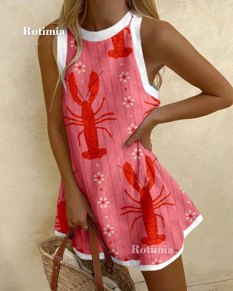 Stylish Lobster Print Wave Edge Mini Dress Lobster Print, Printed Summer Dresses, Cotton Linen Dresses, Sleeveless Short Dress, Fish Print, Summer Party Dress, Luxury Dress, Dress Picture, Y2k Style