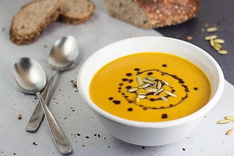 German Cream of Pumpkin Soup (Kürbiscremesuppe) by the Kitchen Maus Cream Of Pumpkin Soup, Fall Appetizer, Pumpkin Jam, Pumpkin Varieties, Pumpkin Curry, Fall Appetizers, Pumpkin Soup Recipe, Thanksgiving 2024, Homemade Pumpkin Puree