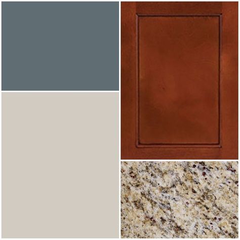 Color scheme for kitchen/living room -- Granite: St. Cecilia -- Cabinets: Cherry wood -- Kitchen Accent: Slate Tile (Sherwin Willams) -- Living Room Neutral: Agreeable Gray (Sherwin Williams) #sherwinwilliamsagreeablegray Color scheme for kitchen/living room -- Granite: St. Cecilia -- Cabinets: Cherry wood -- Kitchen Accent: Slate Tile (Sherwin Willams) -- Living Room Neutral: Agreeable Gray (Sherwin Williams) #sherwinwilliamsagreeablegray Color scheme for kitchen/living room -- Granite: St. Cec Cherry Wood Decor Ideas, Cherry Wood Bathroom Decor, Paint Colors That Go With Cherry Oak Wood, Cherry Cabinets Color Scheme, Agreeable Gray And Slate Tile, Cherry Cabinet Bathroom Color Scheme, Cherry Wood Living Room Ideas, Cherry Office Furniture Decor, Cherry Wood Cabinets Paint Colors