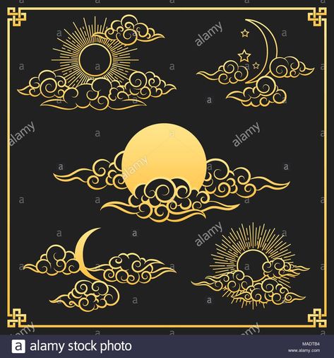 Download this stock vector: Oriental clouds, sun and moon. Gold sun and moon with clouds in old decorative traditional asian or chinese style vector illustration - MADTB4 from Alamy's library of millions of high resolution stock photos, illustrations and vectors. Japanese Cloud Tattoo, Moon With Clouds, Petit Tattoo, Cloud Illustration, Moon Gold, Cloud Tattoo, Asian Tattoos, Sun And Clouds, Cloud Drawing