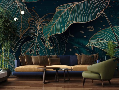 Art Deco Monstera Leaves:transform Your Home Into a Modern Jungle Oasis Removable,self Adhesive,peel and Stick,vinly,wall Mural,modern Home - Etsy Canada Jungle Oasis, Art Deco Abstract, Inspire Me Home Decor, Leaf Wall Art, Vinyl Wallpaper, Blue Wallpapers, Decoration Design, Bedroom Wall, Wall Mural