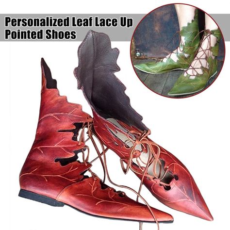 Women's Lace Up Pixie Fairy Boots W/Leaves Costume Cosplay Forest Festival Shoes | eBay Leaves Costume, Fairy Boots, Shoes Costume, Forest Festival, Forest Leaves, Dragon Family, Pixie Fairy, Fairy Shoes, Halloween Fairy