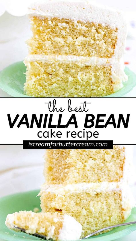 This vanilla bean cake is super moist, full of vanilla flavor, is rich and buttery, made from scratch and covered in buttercream. It's the best vanilla cake I've ever had and I have a feeling it will quickly become your family's favorite. Buttery Vanilla Cake, Vanilla Bean Birthday Cake, Rich Vanilla Cake Recipe, Light And Fluffy Vanilla Cake Recipe, Professional Vanilla Cake Recipe, Moist Vanilla Bean Cake, Vanilla Cake 9x13 Recipe, Chantilly Cream Vanilla Bean Cake Recipe, Best Vanilla Birthday Cake Recipe