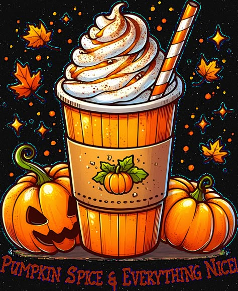 Embrace the fall season with this festive pumpkin spice latte design featuring a delicious whipped cream topping and a spooky jack-o-lantern. Perfect for coffee lovers who adore the autumn vibes and Halloween festivities. Whether you're sipping on your favorite seasonal drink or getting into the spooky spirit, this design captures the essence of fall. Ideal for anyone who loves "pumpkin spice and everything nice!" -- Choose from our vast selection of Crewneck and V-Neck T-Shirts to match with y… Fall Drink Chalkboard, Fall Season Drawings, Pumpkin Spice Latte Painting, Pumpkin Spice Drawing, Fall Sublimation Designs Free, Pumpkin Spice Latte Drawing, Pumpkin Spice Latte Aesthetic, Cute Fall Art, Fall And Coffee