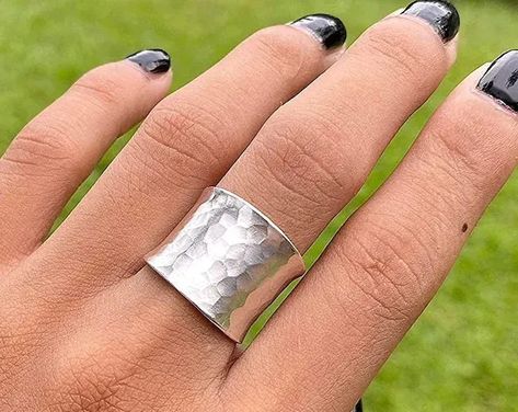 Hammered Sterling Silver Wide Band Ring, Handmade Shiny Silver Wrap Ring, can be Thumb ring, Convex band Adjustable Ring, Gift for Her Silver Wrap Ring, Thumb Ring, Wrap Ring, Hammered Sterling Silver, Wide Band Rings, Copper Rings, Thumb Rings, Wrap Rings, Shiny Silver