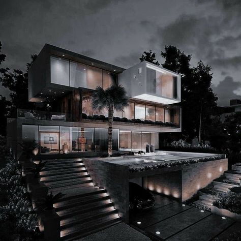 Black Luxury House, Dark House Aesthetic, Mafia House Aesthetic, Black Modern House, Dark Modern House, Mansion Aesthetic, Futuristic House, Luxury Houses Mansions, Dark Modern