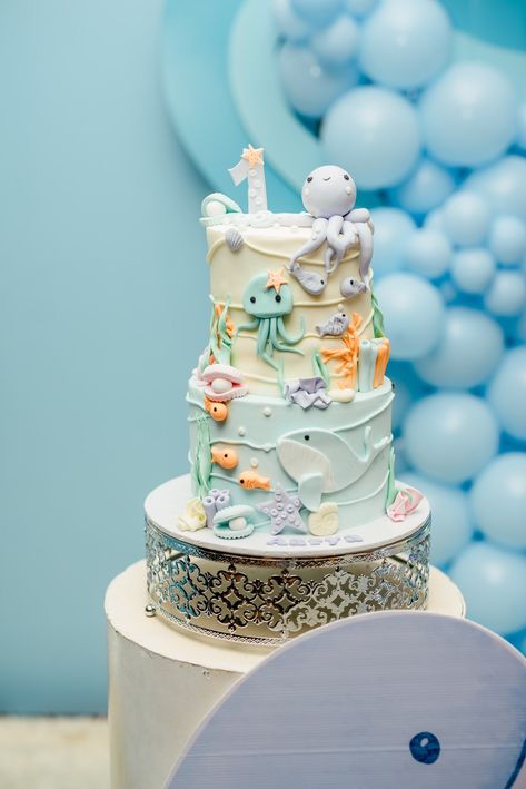 Kara's Party Ideas One-der The Sea 1st Birthday Party | Kara's Party Ideas Octopus Cake Pops, Under Sea Cake, One Der The Sea, Lion King Birthday Party Ideas, Octopus Cake, Under The Sea Cake, Sea Cake, Ocean Birthday Party, Sea Cakes