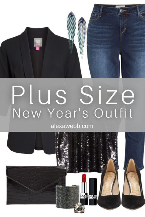 Plus Size New Year's Eve Outfit with black sequin top, black blazer, jeans and pumps - Alexa Webb Plus Size Nye Outfit New Years Eve, Plus Size New Years Eve Outfits Casual, Plus Size Sparkle Outfit, New Years Outfit Ideas For Women, Plus Size Concert Outfit Night Summer, Casual New Years Eve Outfits Jeans, Black Sequin Top Outfit, Plus Size Bodysuit Outfit, Black Blazer Jeans