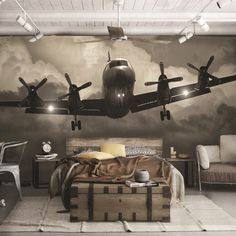 Industrial Chic Living Room, Airplane Bedroom, Aviation Room, 3d Karakter, City Loft, Corporate Interior Design, Aviation Decor, Airplane Decor, Ikea Design