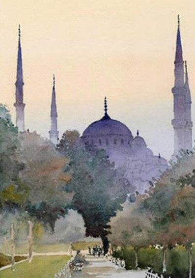 Blue Mosque Istanbul, Turkey Painting, Mosque Art, Watercolor City, Aqua Art, Watercolor Architecture, Travel Painting, Blue Mosque, Diy Watercolor Painting