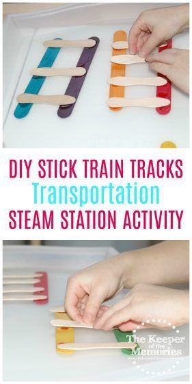 Check out this quick & easy make your own DIY stick train tracks transportation STEAM station activity. It would work great for a preschool transportation theme or even just a fun craft project for your little kids to add to the block center. #preschool #transportation #trains #DIY Train Sensory Activities, Preschool Road Activities, Transportation Loose Parts, Train Science Preschool, Transportation Literacy Activities Preschool, Transportation Art Activities, Train Activities For Toddlers, Land Transportation Preschool Activities, Train Activities For Preschool