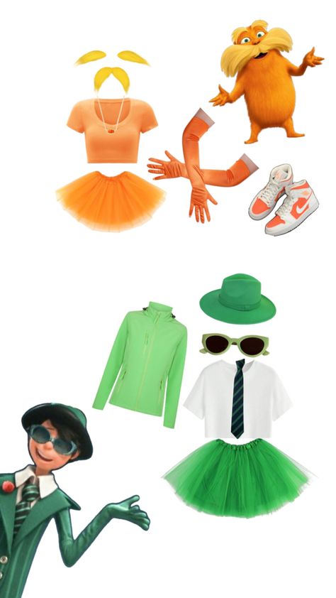 I can’t spell, but duo costume Lorax Costume Onceler, Orange Diy Costume, Lorax And Onceler Costume Duo, Lorax Duo Costume, Duo Celebrity Costumes, The Onceler Halloween Costume, Duo Halloween Costumes Diy, Lorax And Onceler Costume, Lorax And Onceler