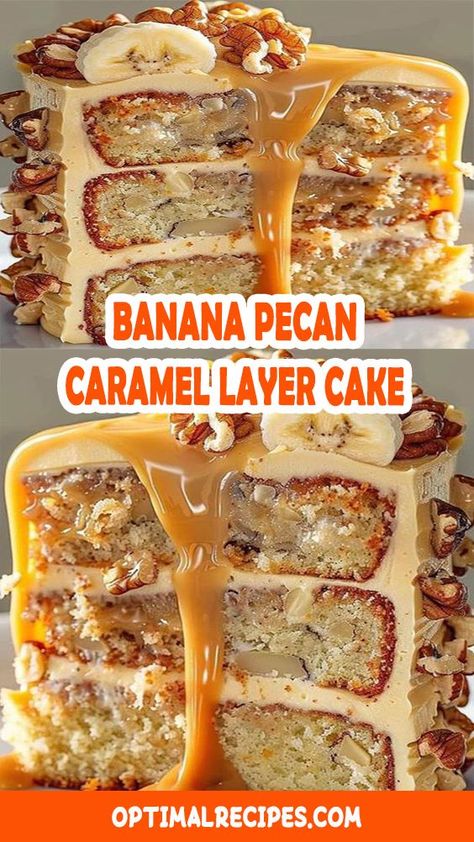 This Banana Pecan Caramel Layer Cake is what dessert dreams are made of! 🍌🥜 Layers of moist banana cake, crunchy pecans, and a rich caramel drizzle come together for the ultimate sweet treat. Perfect for any occasion – whether it’s a weekend baking session or a special celebration. Trust us, your taste buds will thank you! 🙌 Save this pin now to bake up something incredible that your family and friends won’t stop talking about! 💛 #BananaCake #CaramelLovers #DessertGoals #BakingInspo #YummyTreats Carmel Banana Pecan Cake, Banana Cake With Caramel Frosting, Caramel Banana Pecan Cake, Banana Lava Cake, Southern Pecan Carmel Cake, Banana Caramel Pecan Cake, Banana Caramel Dessert, Banana Pecan Caramel Cake, Banana Pecan Caramel Layer Cake