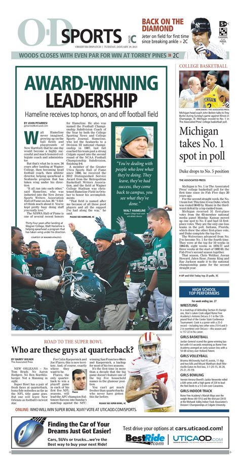 Sports section front: Football coach feature Sports Newspaper Design, Feature Magazine Layout, Sports Page Layout Newspaper, Sports Newspaper Design Layout, News Layout Design, Sports Newsletter, Football Newspaper, Sports Newspaper, News Layout