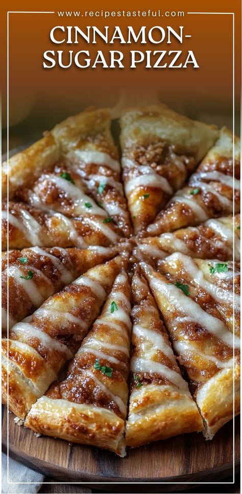 This Cinnamon-Sugar Pizza is a sweet and easy dessert made with a crispy crescent roll crust, topped with buttery cinnamon-sugar goodness, and drizzled with sweet icing. It’s a perfect treat for any time of the day—whether it’s a snack, an after-dinner dessert, or a fun twist on pizza night! Crescent Desserts, Crescent Roll Recipes Dessert, Crescent Roll Recipes Dinner, Crescent Roll Dessert, Crescent Roll Crust, Cinnamon Crescent Rolls, Crescent Roll Pizza, Crescent Roll Recipes, Time Of The Day