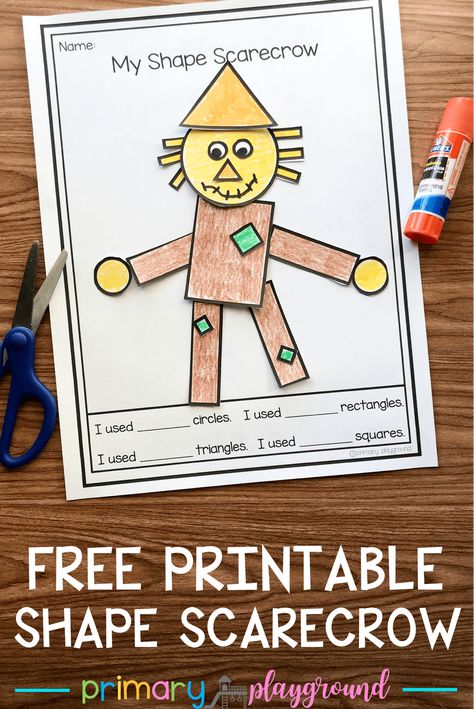 Free Printable 2D Shape Scarecrow #scarecrow #2dshapes #kindergarten #preschool #kindergartenmath Shape Scarecrow, Shapes Kindergarten, Scarecrow Crafts, Fall Preschool Activities, Fall Lessons, Fall Math, Fall Kindergarten, Thanksgiving Preschool, Fall Preschool