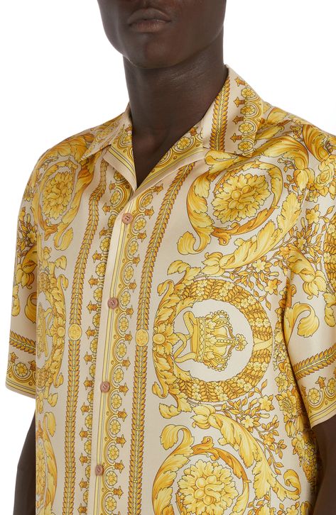 Ornate filigree brings Versace's signature baroque glamour to this silk shirt crafted in Italy. 29 1/2" length (size 48 EU) Front button closure Notched collar Short sleeves 100% silk Dry clean Made in Italy Men's Designer Clothing Luxury Patterned Button-up Shirt, Versace Button Up Men, Silk Shirt Men Farfetch, Silk Shirt Men, Versace Mens Shirt, Versace Silk Shirt, Versace Tshirt Men, Versace Shirts, Silk Button Up