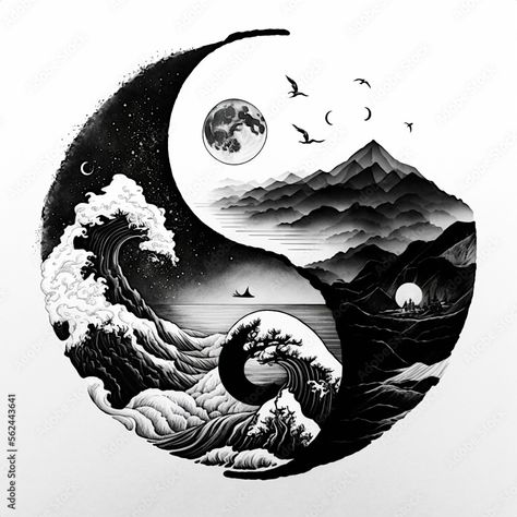 Yin Yang Ocean Tattoo, 4 Season Tattoo Ideas, Past Future Tattoo, Yin Yang Forearm Tattoo, Enso Wave Tattoo, Ying Yang Mandala Tattoo, Cold World Tattoo, Fantastic Drawing, Fine Line Yin Yang Tattoo