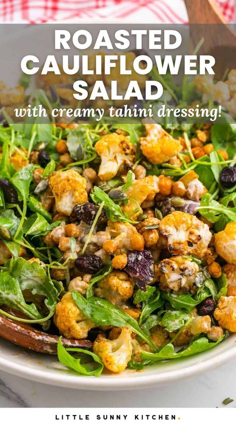 Healthy roasted cauliflower salad is smoky and savory with a bright lemony tahini dressing and is the perfect cold-weather salad. Healthy Roasted Cauliflower, Tahini Salad Dressing, Winter Salads, Roasted Cauliflower Salad, Protein Salad, Classic Salad, Warm Salad, Herb Salad, Cauliflower Salad