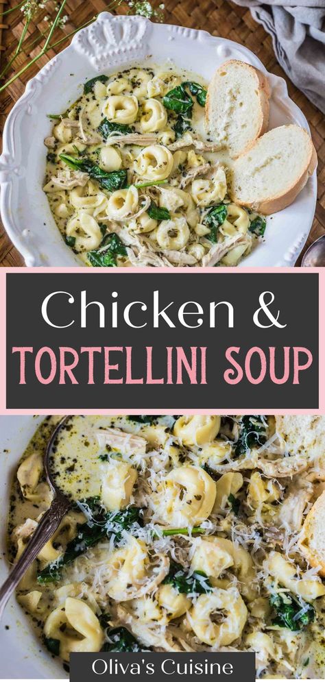 If you're looking for crock pot soup recipes, you have to try this creamy chicken and tortellini soup! Made with packaged tortellini, this easy crock pot dinner is the ultimate Fall comfort food dinner! If you're looking for tortellini soup recipes, or just slow cooker soup recipes to include in your weekly meal plan, this savory and creamy dish is perfect for you. Whether it's a simple weeknight dinner or set-it-and-forget-it weekend meal, this is sure to satisfy all of the picky eaters! Chicken And Tortellini Soup, Chicken Tortellini Soup Crock Pot, Tortellini Soup Recipes, Easy Crock Pot Dinner, Crock Pot Soup Recipes, Creamy Chicken Tortellini Soup, Creamy Chicken Tortellini, Crock Pot Dinner, Slow Cooker Creamy Chicken