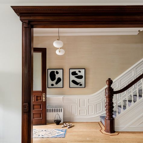 Vestibule Wallpaper, Brownstone Entryway, Wood Banister, Brooklyn Townhouse, Brooklyn Design, White Wainscoting, Elegant Entryway, Brooklyn Brownstone, Budget Design