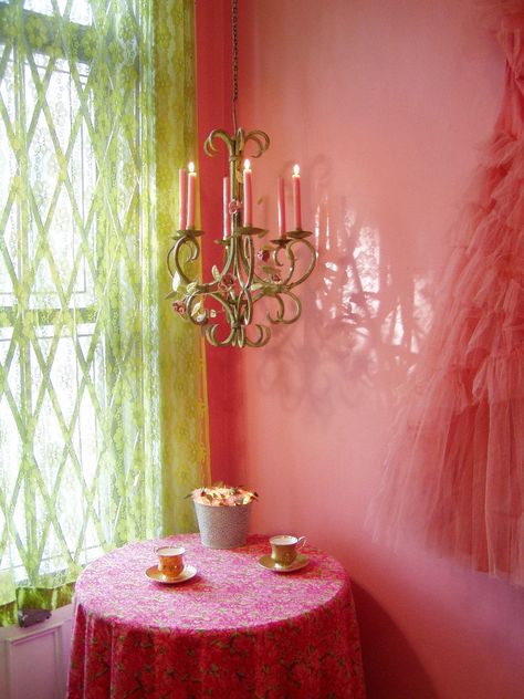 Pink And Chartreuse, Green Chandelier, Color Me Happy, Green Chandeliers, The Curtains, Color Of The Day, Green Home Decor, Everything Pink, World Of Color