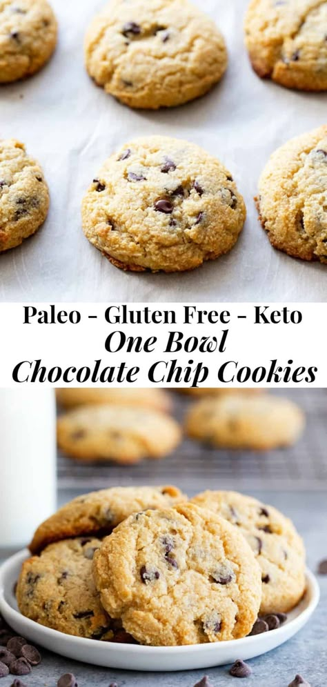 These paleo and keto chocolate chip cookies have a crisp outside and soft inside and classic chocolate chip cookie flavor!  They come together in one bowl so they’re perfect to bake for a last minute treat.  Dairy free, gluten free, paleo, low carb. #paleo #keto #glutenfree Galletas Keto, Postre Keto, Keto Chocolate Chip Cookies, Keto Chocolate Chips, Low Carb Dessert, Keto Brownies, Low Carb Cookies, Low Carb Sweets, Keto Chocolate