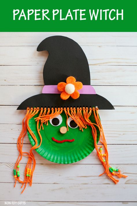 Paper plate witch craft for preschoolers, kindergartners and older kids. Use a paper plate and yarn to make this easy Halloween craft for kids. Make a witch hat from construction paper and make a nose out of paper. Use glow in the dark googly eyes as an alternative. Great classroom Halloween party craft idea for preschool. #paperplatewitch #paperplatewitchcraftforkids #Halloweencraftsforkids #Halloweencraftforpreschooler #witchcraft Construction Paper Witch Crafts, Paper Plate Witch Craft, Witch Craft For Kids, Scary Halloween Crafts, Easy Halloween Craft, Dekorasi Halloween, Bricolage Halloween, Halloween Crafts Preschool, Paper Plate Crafts For Kids