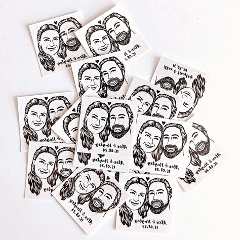 Wedding temporary tattoos for Alex & Hayley 💒💕 Each tattoo is meticulously hand-drawn based on the photos you provide. Whether it's family members, close friends, or coworkers, their unique features are captured in these custom portraits. #weddingactivity #weddingtattoos #weddingideas #weddingideas #temporarytattoo #favorsforguests Personalized Wedding Temporary Tattoos, Fun Bridal Gift & Unique Favors for Guests, Engagement Party Favours, Custom wedding gift Couple Portrait Tattoo, Wedding Temporary Tattoos, Temporary Tatoo, Low Key Wedding, Tattoo Face, Engagement Party Favors, Custom Temporary Tattoos, Temp Tattoo, Custom Wedding Favours