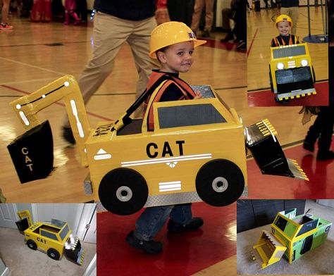 construction truck costume, cardboard and duct tape creation! Cardboard Car Costume, Cardboard Dump Truck Diy, Diy Skid Steer Costume, Cardboard Truck Costume, Construction Cardboard Truck, Cardboard Playhouse, Toddler Life, Duct Tape, July 4th