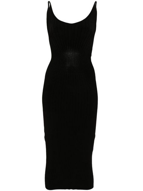 black ribbed knit round neck spaghetti straps below-knee length Mugler Dress, Virgo Rising, Hyunjin Photoshoot, Streamer Dr, Knitted Midi Dress, Sleek Chic, Cute Dress Outfits, Straykids Hyunjin, Black Outfits