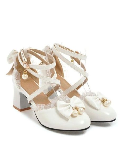 Sepatu Platform, Gaun Abad Pertengahan, Lace High Heels, Y2k Aesthetic Fashion, White Sandals Heels, Bow Pumps, High Heels Sandals, Cosplay Shoes, Ankle Strap Pumps