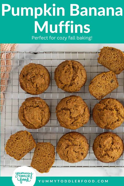 Pumpkin Banana Muffins Pumpkin Almond Butter Muffins, Toddler Healthy Pumpkin Muffins, Blw Pumpkin Muffin, Pumpkin Banana Protein Muffins, Pumpkin Muffins For Baby, Toddler Pumpkin Muffins, Toddler Muffin Recipes, Pumpkin Recipes For Toddlers, Cozy Fall Baking