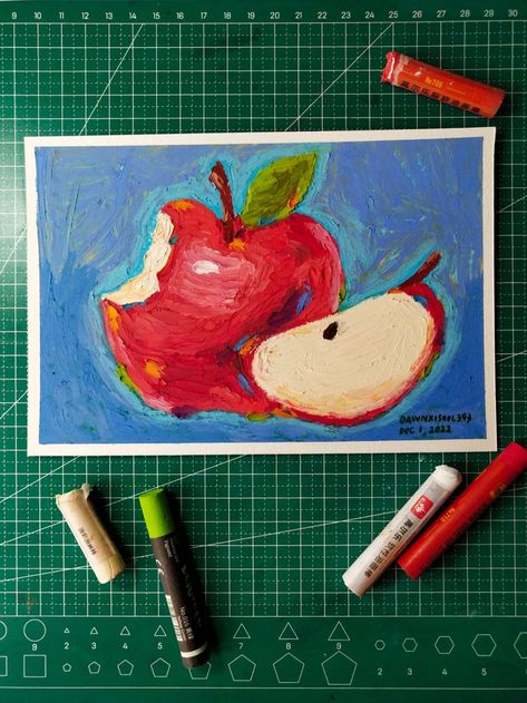 Apple Day, Oil Pastel Drawings Easy, Apple Painting, Oil Pastels Painting, Oil Pastel Art, Oil Pastel Drawings, Oil Pastels, December 1, Pastel Drawing