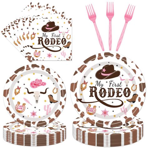 PRICES MAY VARY. Package Included: My First Rodeo Birthday Party supplies includes 24 pieces of 9-inch large dinner plates, 24 pieces of 7-inch small dinner plates，24 pieces of forks and 24 pieces of napkins, a total of 96 pieces per set. The pink cowgirl party decorations, bring a fun touch to your child's birthday decorations and are guaranteed to impress your kids and guests. high quality: Our Cowgirl Western Decorative Tableware Party Supplies have strict quality control and are made of stro First Rodeo Birthday Party Girl, Blair Birthday, Rodeo Decorations, Cowgirl Birthday Party Decorations, Cowboy Birthday Party Decorations, Cowgirl Party Decorations, Cowboy Party Decorations, Cowboy Themed Birthday Party, 1st Rodeo