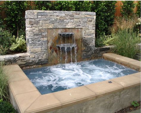 Jacuzzi and waterfall Jacuzzi Ideas, Spool Pool, Patio Water Feature, Swimming Pool Waterfall, Outdoor Jacuzzi, Garden Spa, Hot Tub Landscaping, Wading Pool, Hot Tub Patio