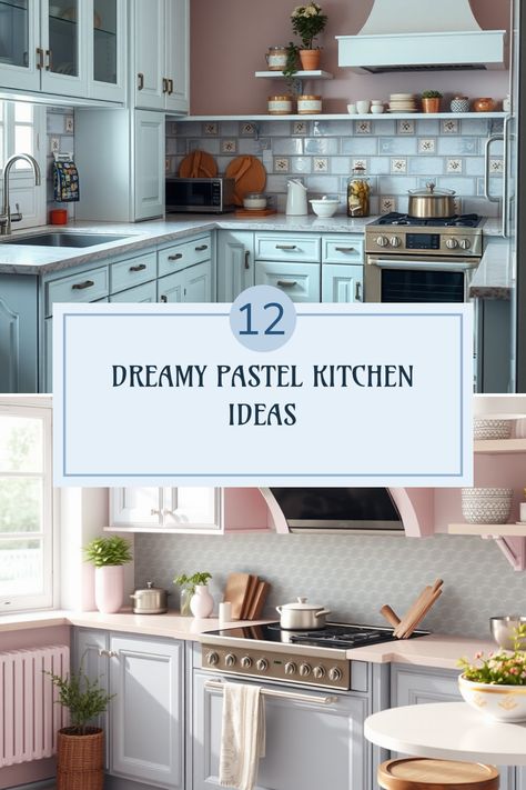 Looking to transform your kitchen into a pastel paradise? Check out these 12 dreamy pastel kitchen ideas that will inspire you! From delightful pastel cabinets to charming decor accents, discover how soft shades of pink, mint green, and baby blue can create a calming atmosphere in your cooking space. Whether you aim for a bold statement or subtle hints of color, this collection includes innovative designs and trendy techniques to bring your pastel kitchen vision to life! You’ll find tips for paint colors, decor elements, and even some genius storage solutions. Pastel Cabinets, Pastel Kitchen Ideas, Yellow Toaster, Lavender Walls, Turquoise Tile, Pastel Kitchen, Colorful Dishes, Grey Countertops, Kitchen Stand