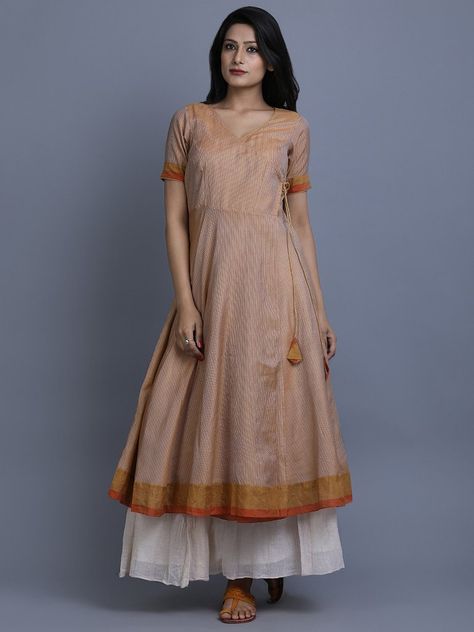 Rust Striped Chanderi Angrakha Kurta Simple Frock Design, Stylish Kurtis Design, Pakistani Formal Dresses, Long Gown Design, Churidar Designs, Anarkali Dress Pattern, Indian Designer Suits, Simple Kurta Designs, Long Kurti Designs