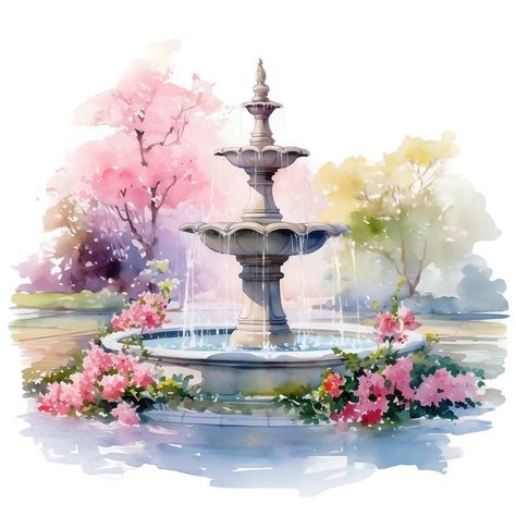 10 Garden Fountain Watercolor Clipart Graphics - Printable PNG Files Transparent Background - Journaling, Cards, Papercraft, Scrapbooking Fountain Watercolor, Flower Garden Drawing, Garden Drawing, Garden Watercolor, Garden Fountain, Garden Fountains, Clipart Design, Watercolor Clipart, Design Element