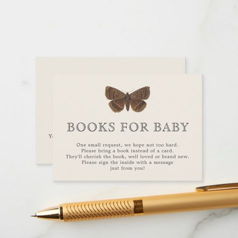 Ask guests to bring a book for baby with Woodland Botanicals insert card. It features a vintage illustration of a moth and oaks leaves on the back. Personalize if you like. Perfect for gender neutral baby showers. Check out our co-ordinating products! Our Little Love Bug Baby Shower Theme, A Little Love Bug Is On The Way, Little Love Bug Baby Shower Theme, Love Bug Baby Shower Theme, Bug Themed Baby Shower, Love Bug Baby Shower, Vintage Baby Shower Ideas, Gender Neutral Baby Shower Ideas, Bug Baby Shower