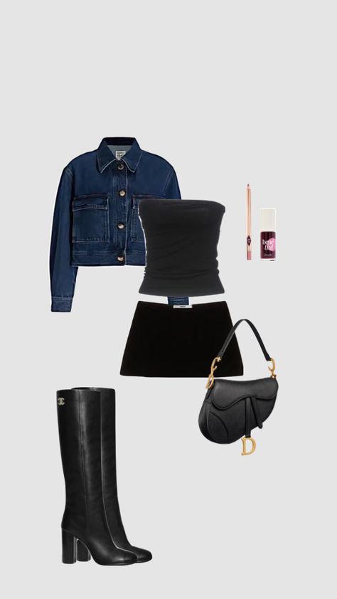 going out All Black Casual Outfit, Fashion Magazine Aesthetic, Black Casual Outfit, Magazine Aesthetic, Tube Top Black, Black Tube Top, High Fashion Street Style, All Black, Black Boots