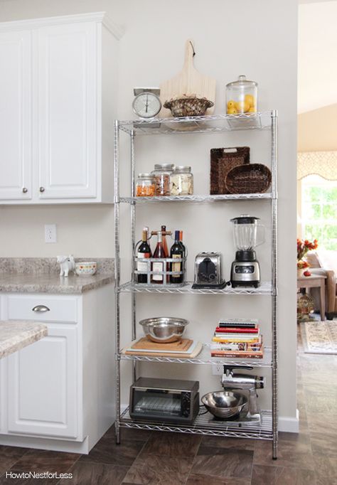 wire shelving unit in kitchen Kitchen Shelving Unit, Apartment Kitchen Organization, Small Kitchen Decoration, Kitchen Shelving, Rental Kitchen, Small Apartment Kitchen, Wire Shelving Units, Small Kitchen Organization, Small Kitchen Storage