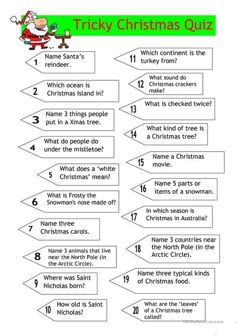 Quiz - Tricky Christmas Quiz - English ESL Worksheets Christmas Questions Game, Christmas Quiz With Answers, Christmas Picture Quiz, Kids Quiz Questions, Christmas Quiz Questions, Christmas Trivia Quiz, Christmas Trivia Questions, Christmas Questions, Birthday Quiz