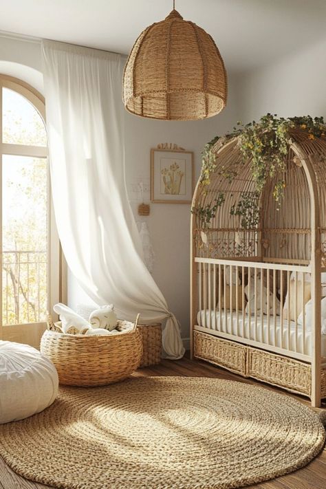 Create a boho-inspired nursery with vintage decor for a charming, cozy feel. #BohoNursery #VintageDecor #BabyRoom Wabi Sabi Nursery, Organic Modern Nursery, Organic Nursery Decor, Rustic Baby Boy Nursery, Upholstered Window Seat, Nursery Design Neutral, Unfinished Wood Furniture, Nordic Nursery, Neutral Nursery Ideas