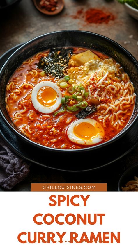 Warm up with a comforting bowl of Spicy Coconut Curry Ramen! This creamy ramen recipe blends rich coconut milk, bold curry flavors, and just the right amount of spice. Perfect for fall and winter dinners, it’s an easy, satisfying meal that’s ready in minutes. Enjoy this flavorful ramen for a cozy night in or as a unique addition to your weekly meal prep! #CoconutCurryRamen #SpicyRamen #FallDinner #EasyRamen Spicy Coconut Curry Ramen, Chorizo Ramen, Nicolemcmom Recipes, Spicy Curry Ramen, Creamy Ramen Recipe, Korean Curry, Coconut Curry Ramen, Best Ramen Recipe, Creamy Ramen